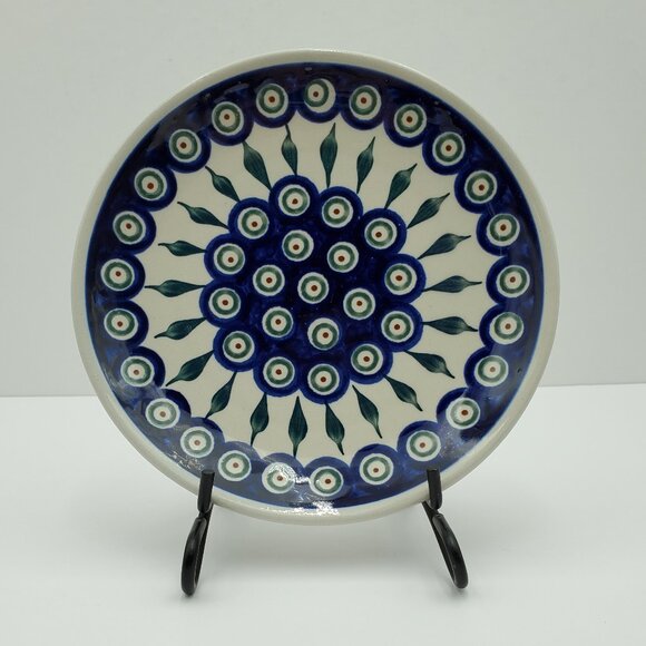 Polish Pottery Peacock Leaves Salad Plate Peacock Dessert Plate Bread Plate - Picture 1 of 5